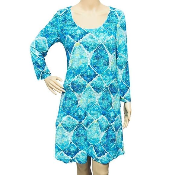 Pappagallo Blue Tile Print Long Sleeve Pullover Dress Sz M NWOT - Picture 1 of 13